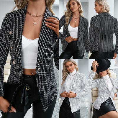 Chic Double-Breasted Blazer with Geometric Check Design