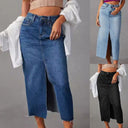 Chic Women's Denim Skirt with Side Slit and Frayed Hem