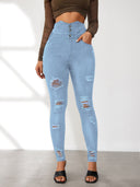 Chic High-Waist Jeans with Trendy Rips and Button Accents
