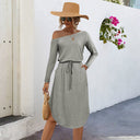 Chic Off-Shoulder Dress with Elastic Waist and Long Sleeves