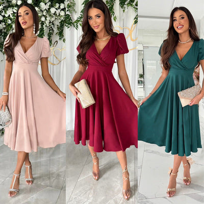 Chic A-Line Dress with Puff Sleeves and Narrow V-Neck