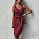 Women's Midi Dress with High Collar and Adjustable Belt