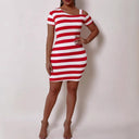 Chic Women's Short Sleeve Striped Dress with Asymmetrical Neckline