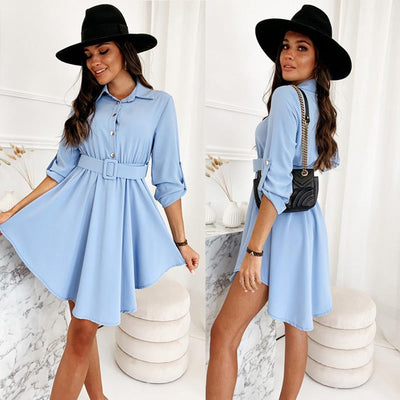 Chic Women's Shirt Dress with Asymmetrical Hem and Belt