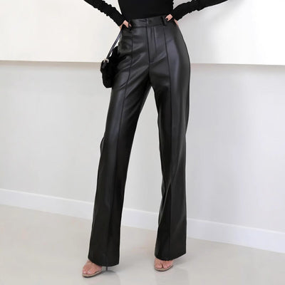 Chic High-Waist Faux Leather Wide-Leg Trousers for Women
