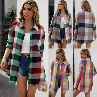Chic Women's Long Sleeve Checked Shirt Dress
