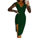 Chic Evening Dress with Sheer Sleeves and Side Slit
