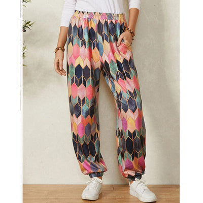 Trendy Women's Pants with Geometric Design and Stretchy Waist