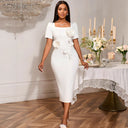 Elegant Wedding Dress with Square Neckline & Floral Accents