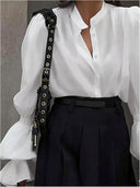 Women's Puff Sleeve Blouse with Classic Stand-Up Collar
