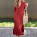 Chic V-Neck Midi Dress with Side Pockets