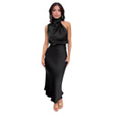 Chic Maxi Dress with Stand-Up Collar and Draped Design