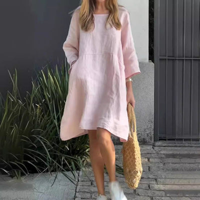 Chic Women's Linen Dress with Asymmetrical Hem and Pockets