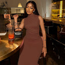 Chic Midi Dress with High Collar and Draped Design