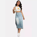 Chic Women's Flared Denim Skirt with Trendy Slit & Frayed Hem