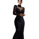 Chic Evening Dress with Sheer Sleeves & Star Accents