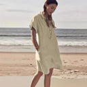 Chic Women's Beach Shirt Dress with Button Placket & Pockets