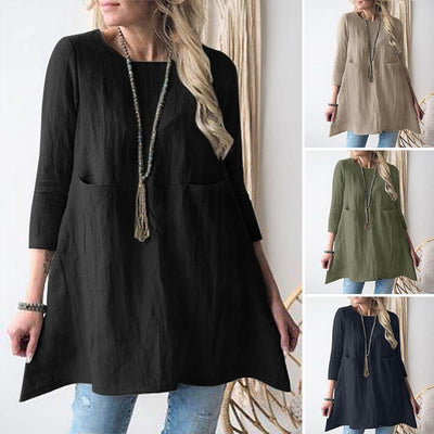 Chic Women's Tunic Dress with Pockets & 3/4 Sleeves
