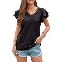 Women's V-Neck T-Shirt with Ruffle Accents and Eyelet Design