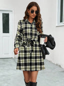Checked Pattern Women's Shirt Dress with Adjustable Belt