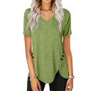Stylish Women's V-Neck Tee with Asymmetrical Hem & Button Accents