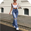 Trendy High-Waist Flared Jeans with Chic Ripped Accents