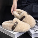 Chic Women's Fluffy Slippers with Stylish Buckle Accent