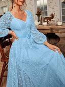 Ladies Lace Midi Dress with Puff Sleeves and Waist Tie