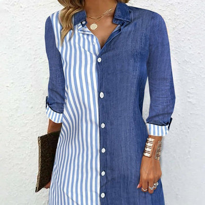 Chic Striped Women's Shirt Dress with Button Accents