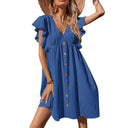 Chic Women's Summer Dress with Ruffle Accents and Button Closure