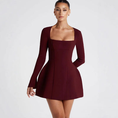 Chic Mini Dress with Square Neckline and Long Sleeves