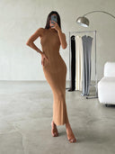 Women's High Collar Knit Bodycon Dress with Ribbed Texture