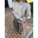 Checkered Women's Blouse with Ruffle Accents & Button Closure