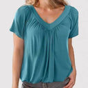 Women’s Airy V-Neck Blouse with Pleats & Short Sleeves