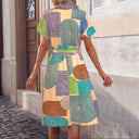 Chic Geometric Print Women's Dress with Tie Belt