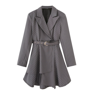 Women's Striped Blazer Jacket with Defined Waist and Stylish Belt