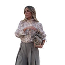 Checkered Women's Blouse with Ruffle Accents & Button Closure