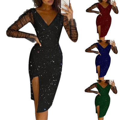 Chic Evening Dress with Sheer Sleeves and Side Slit