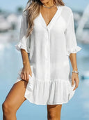 Women's V-Neck Shirt Dress with Flowing Ruffles