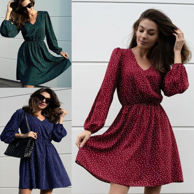 V-Neck Puff Sleeve Women's Dress