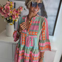 Boho Chic Women's Dress with Woven Patterns and Short Sleeves