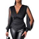 Chic Women’s Top with Sheer Puff Sleeves and Pearl Accents