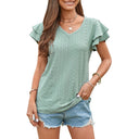 Women's V-Neck T-Shirt with Ruffle Accents and Eyelet Design