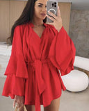 Airy Beach Blouse with Balloon Sleeves & Waist Belt