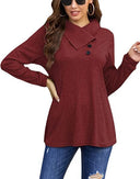 Women's Long Sleeve Blouse with Asymmetrical Collar & Button Trim