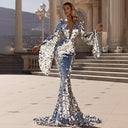 Stunning Sequin Evening Dress with V-Neck and Long Sleeves