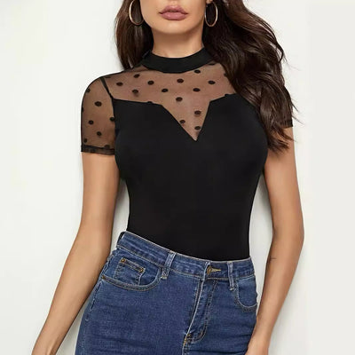 Chic Women's Dotted Bodysuit with High Neck