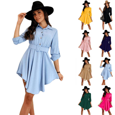 Chic Knee-Length Shirt Dress with Waist Belt and Stylish Accents