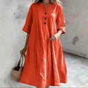 Chic Cotton Dress with Button Placket and Handy Pockets
