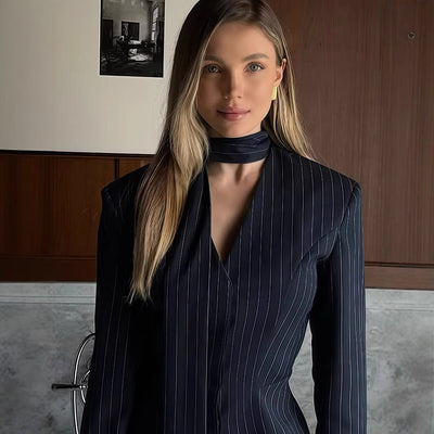 Stylish Striped V-Neck Blouse with Slim Belt for Women